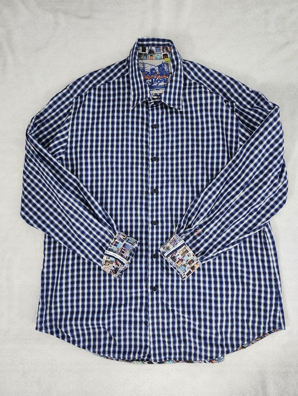 ROBERT GRAHAM Men's Classic Fit Shirt XL Blue Gingham Plaid Interior Print Cuffs - Picture 3 of 11
